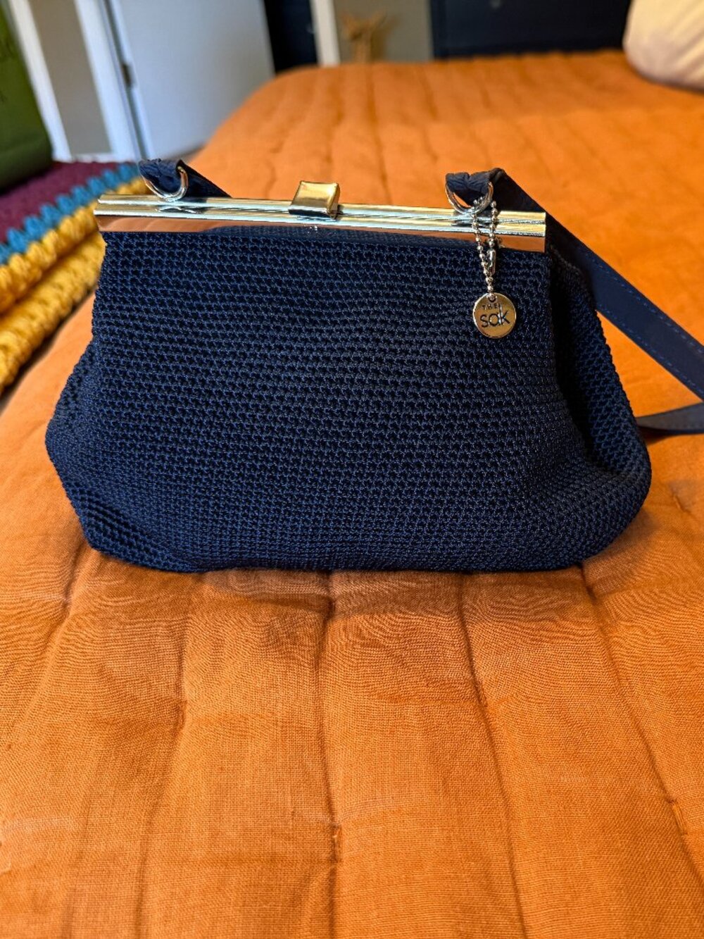 The Sak Navy Blue Crochet Kiss Lock Shoulder Bag Vintage Y2K
